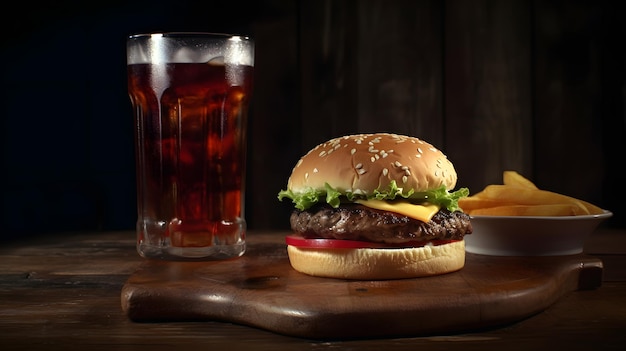 A burger and a glass of beer sit on a table.