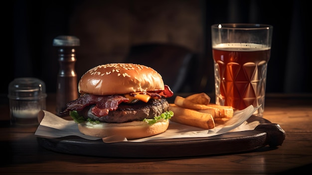 Photo a burger and a glass of beer sit on a tray with a glass of beer.