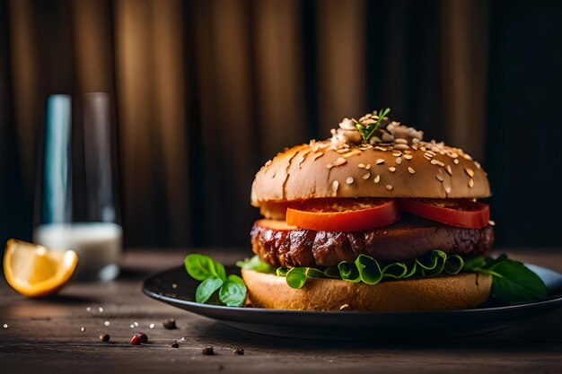 a burger and a glass of milk on a table