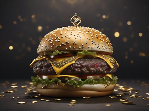 Photo burger in gold and diamonds on a dark backgrounds