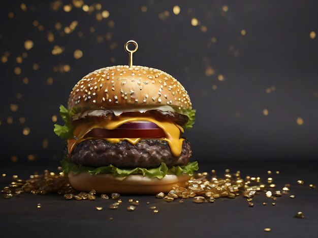 Photo burger in gold and diamonds on a dark backgrounds