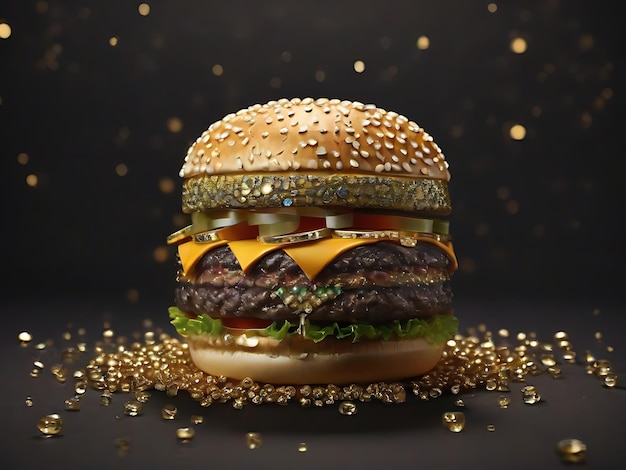 Burger in gold and diamonds on a dark backgrounds