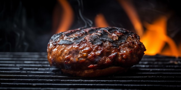 Burger on Grill background barbecue fire grill closeup