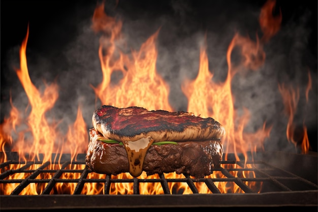 A burger on a grill with flames on the background