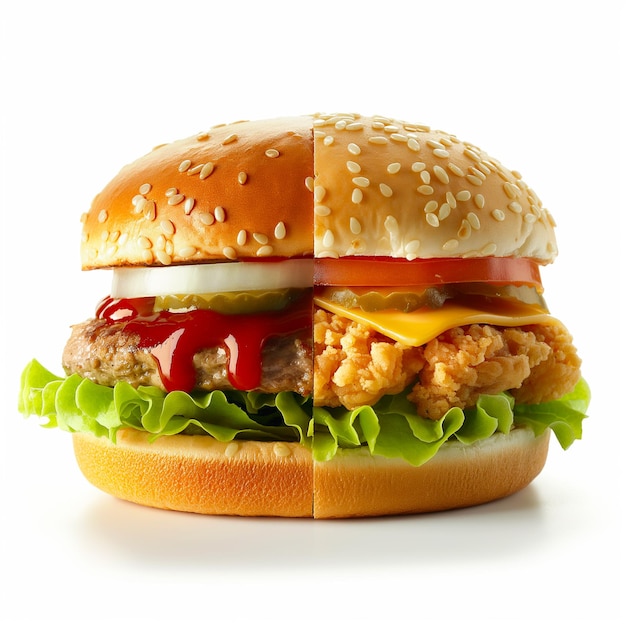 Photo a burger half hamburger and half chickenburger isolated white background