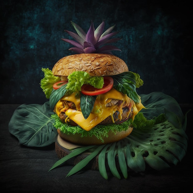 burger hamburger cheeseburger with fresh vegetables on dark blue background generative ai