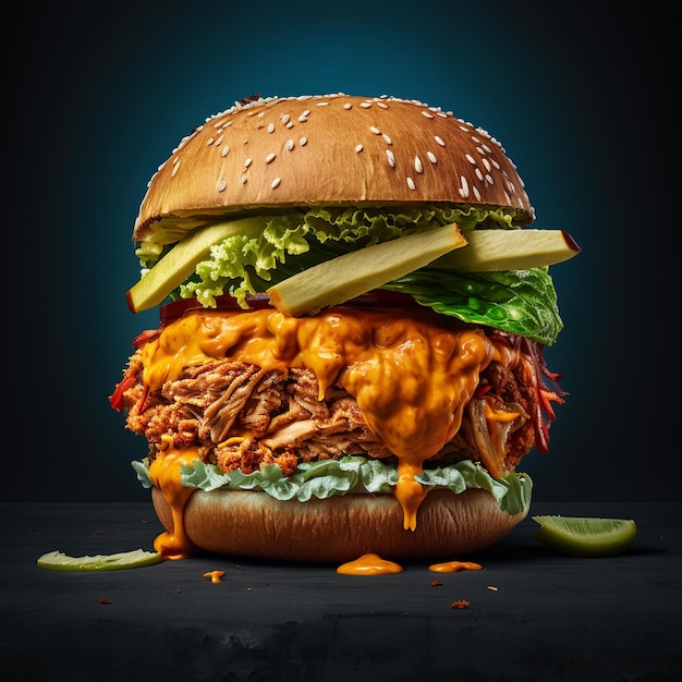 濃い青色の背景にハンバーガー、ハンバーガー、チーズバーガー、新鮮な野菜、生成ai