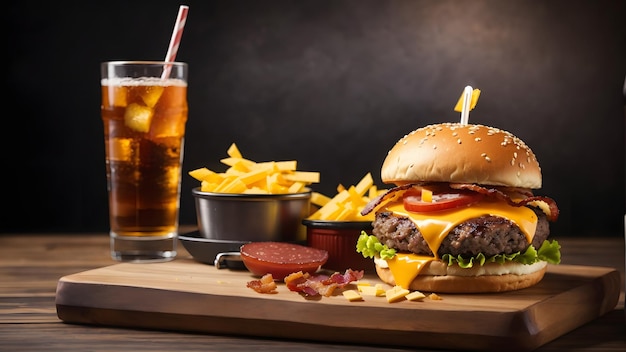 Foto burger hamburger heerlijke kaas rundvlees tomaten spek frisdranken sla brood diner