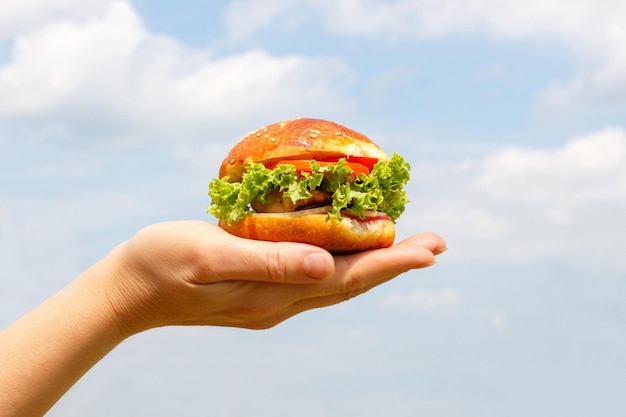 Burger in the hand on sky background