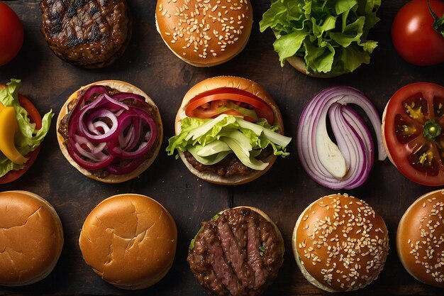 Photo burger ingredients arranged neatly on a rustic table