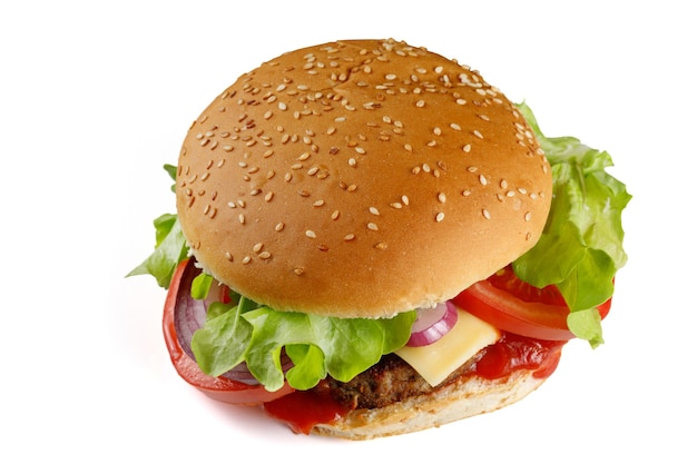 Hamburger isolato su bianco burger isolato su sfondo bianco cheeseburger con pomodoro formaggio di manzo isolato su sfondo bianco
