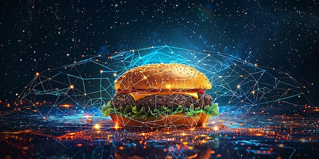 暗い技術的な背景に置かれたハンバーガーその中に多くの接続ラインがありテキストまたは製品のための大きなスペースがあります - ゲネレーティブAI