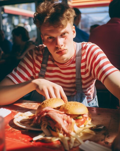 Burger maaltijd heerlijke ongezonde smakelijke persoon volwassen snack eten lunch jonge snelle hamburger