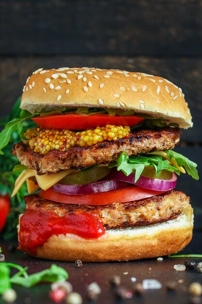 burger, meat cutlet beef steak, tomato, sauce and lettuce