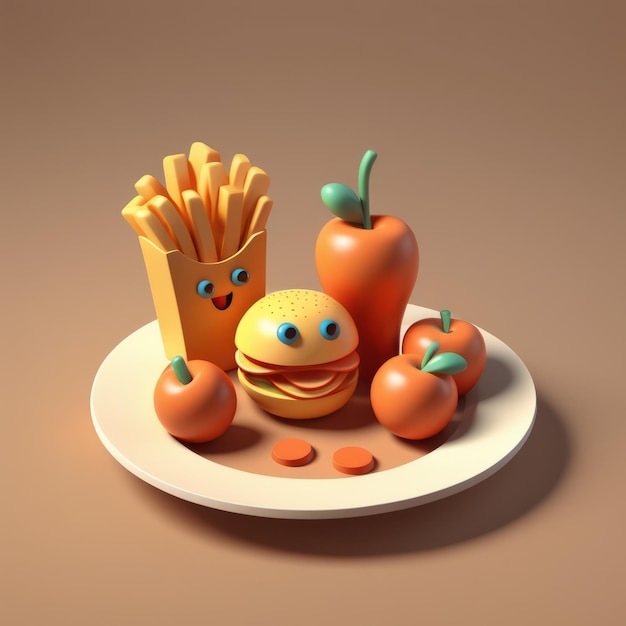 Burger met aardappelen en hamburger eten en fast food 3D illustratie burger met aardappel en ha