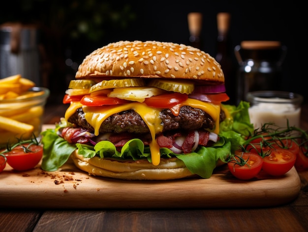 Burger met kaas, salade en tomaten.