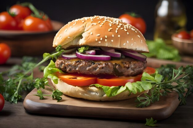 Foto burger met rundvlees, tomaten en kruiden.