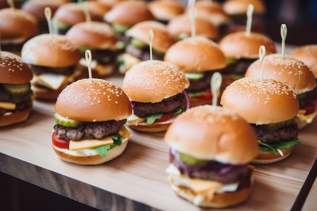 Burger mini burgers snacks on a wooden table with craft paper beautifully decorated catering banquet