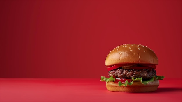 Photo a burger on mono color studio with red background product shooting vibes