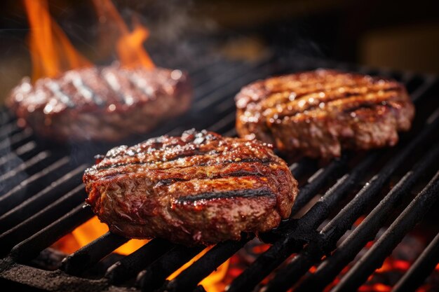 Burger patties cooking on a hot grill with grill marks