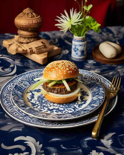 Burger on a plate that is on the table served elegantly