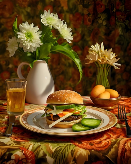 Burger on a plate that is on the table served elegantly