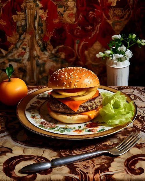 Burger on a plate that is on the table served elegantly