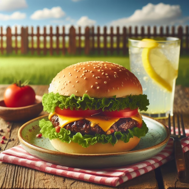 Burger on a Plate with Lemonade and Farm Field Background 3