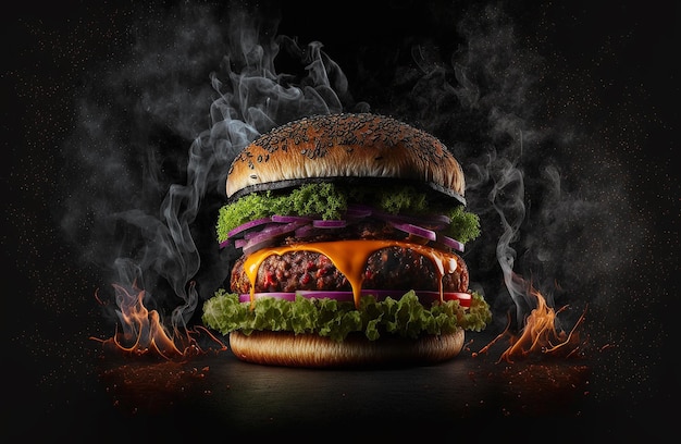 Burger product studio photo dark black background fresh tomato and onion salad Generative AI illustration