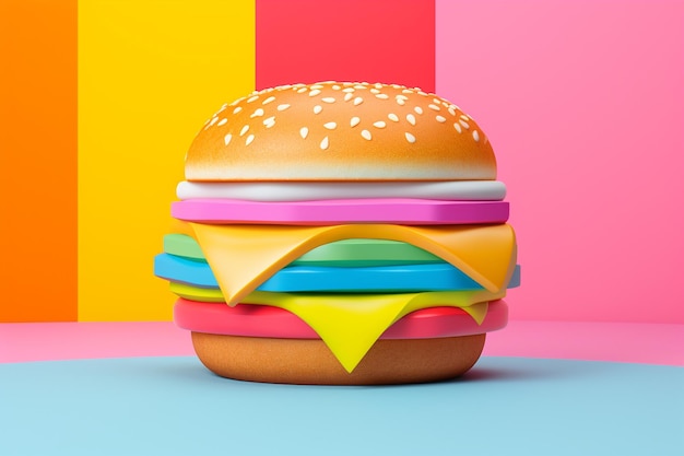 Foto replica di un burger su uno sfondo colorato