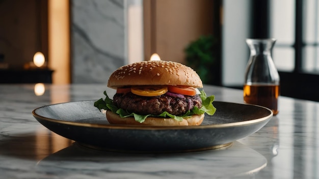 Burger served on a marble countertop with elegant tableware