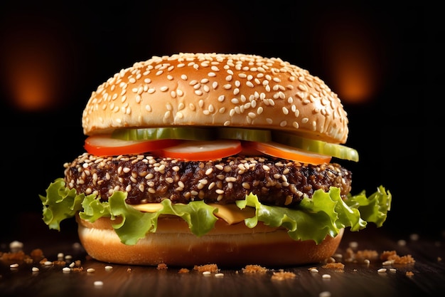 Burger on a Sesame Seed Bun with Sesame Seeds Sprinkle