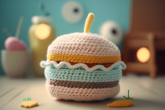 Burger shape knitting art illustration for photos in cafes restaurants dining rooms colorful realistic