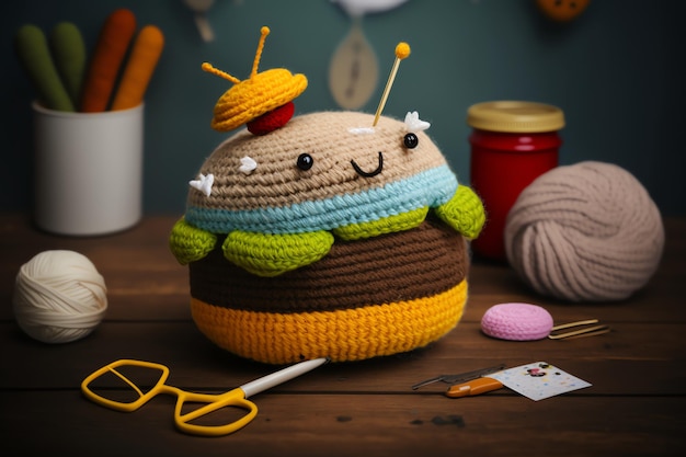 Burger shape knitting art illustration for photos in cafes restaurants dining rooms colorful realistic