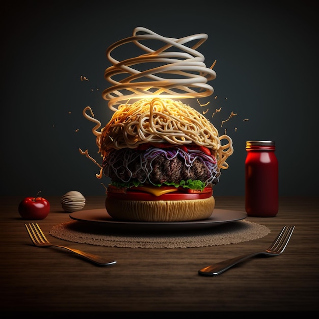 Burger and spaghetti on the restaurant table