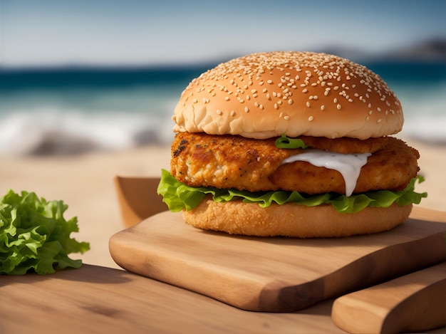 burger on table with beach background AI generated