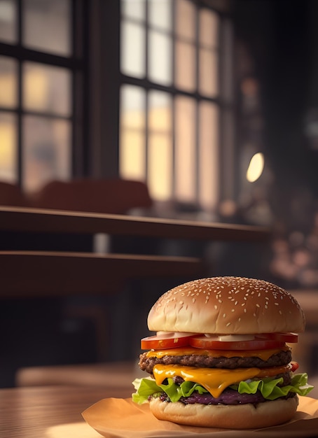 Burger on table with cafe atmosphere AI generated