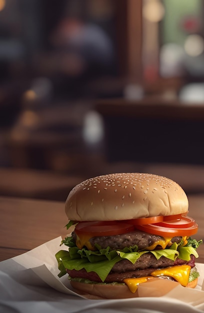 Burger on table with cafe atmosphere AI generated