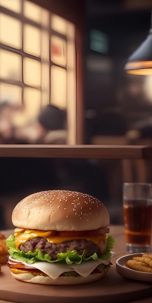 Burger on table with cafe atmosphere AI generated