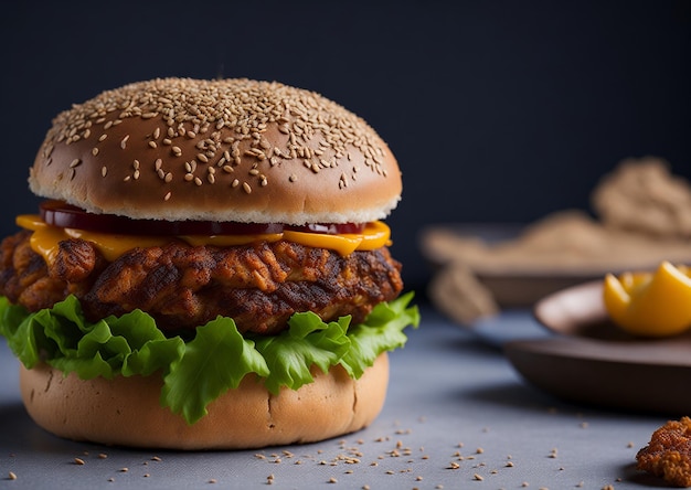 Burger on table with cafe atmosphere AI generated