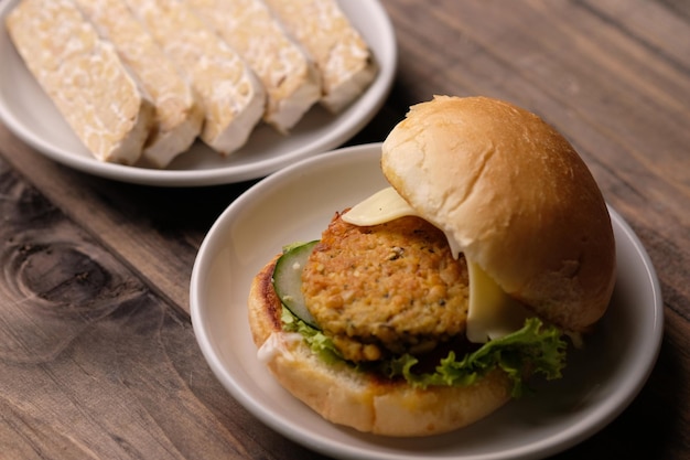 burger tempeh. low carbohydrate vegan tempeh burger. healthy food. suitable for weight loss and diet