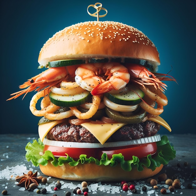 Photo a burger that combines a surf and turf theme featuring seafood and a juicy beef patty