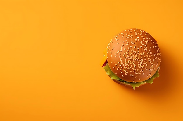 Burger top view on flat lay background and copyspace