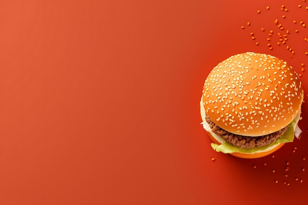 Photo burger top view on flat lay background and copyspace