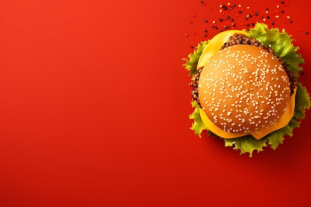 Burger top view on flat lay background and copyspace