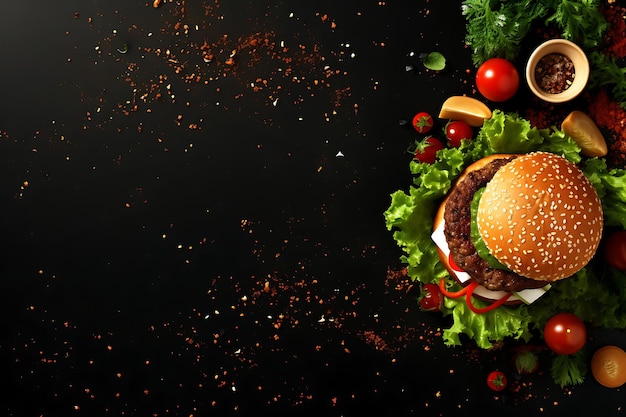 Foto burger top view su flat lay background e copyspace