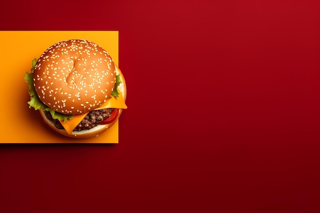 Burger top view on flat lay background and copyspace