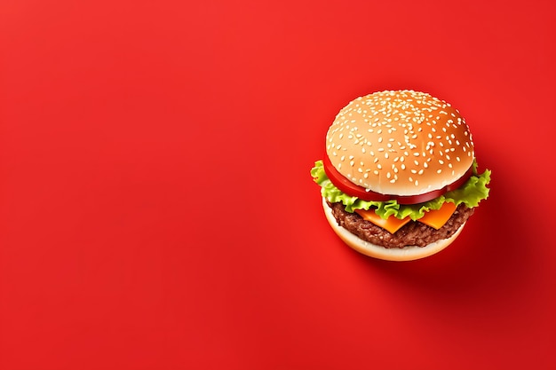 Burger top view on flat lay background and copyspace