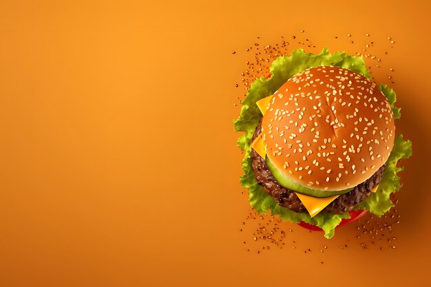 Burger top view on flat lay background and copyspace