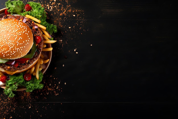 Foto burger top view su flat lay background e copyspace